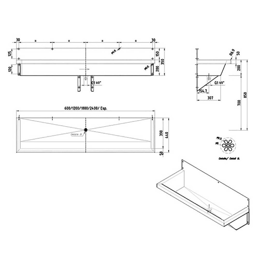 Sanitarios Acero Inox PrestoEquip | Lavabo Industrial Prestosan Inox Multiple 1200 Mm Con Repisa Prestoequip 88874