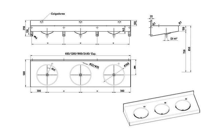 Sanitarios Acero Inox PrestoEquip | Lavabo M Ltiple Prestosan Inox 3 Senos Mate Prestoequip 88865